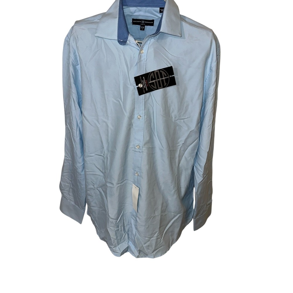 New Society of Threads Mens Slim Fit Dress Shirt  Blue Wrinkle Free L 16-16.5